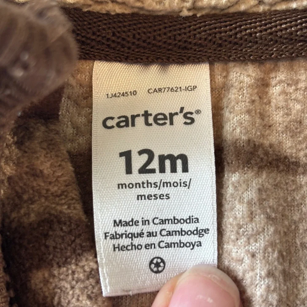 Carters Baby Boys Brown Dinosaur Fleece Jumpsuit 12M One Piece Romper 1J424510